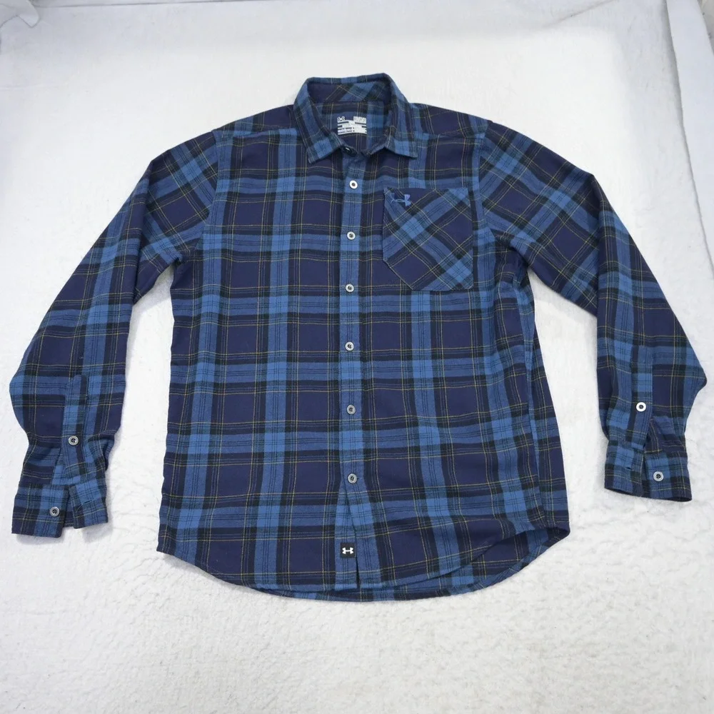 Under Armour Flannel Button Up Mens Medium Loose Blue Plaid ColdGear Pocket